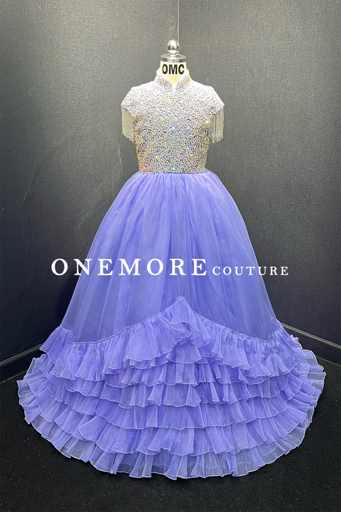 Lavender Organza Ruffle Pageant Gown with Keyhole Back