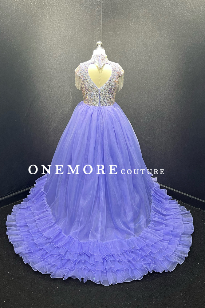 Lavender Organza Ruffle Pageant Gown with Keyhole Back