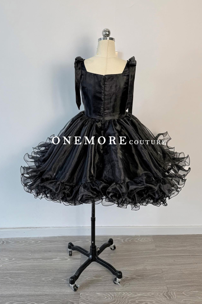 Black Organza Cocktail Dress with Ruffle Skirt & Bow Straps