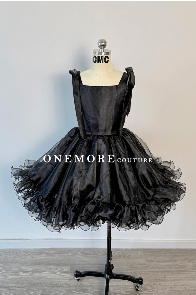 Black Organza Cocktail Dress with Ruffle Skirt & Bow Straps