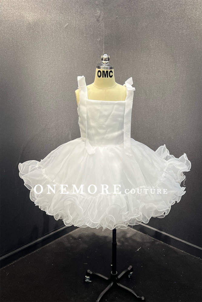 White Organza Cocktail Dress with Bow Straps & Ruffle Skirt