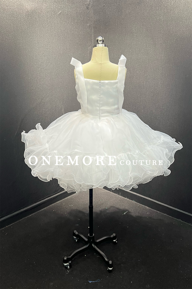 White Organza Cocktail Dress with Bow Straps & Ruffle Skirt