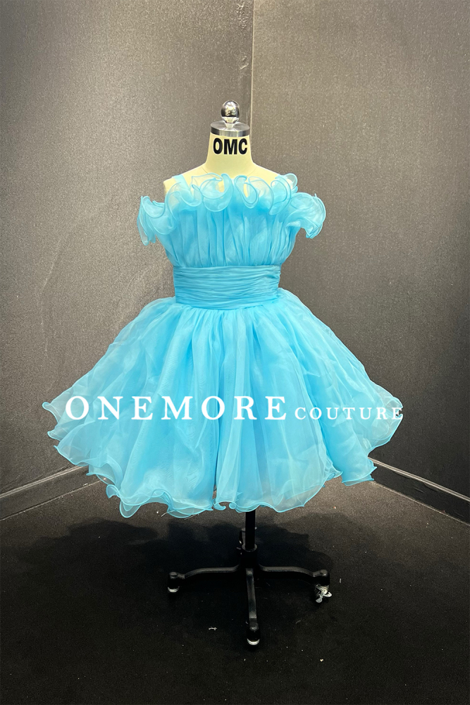 Light Blue Ruffle Organza Cocktail Dress with Pleated Waist