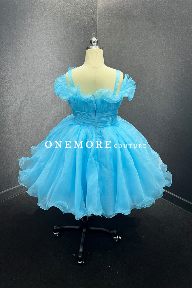 Light Blue Ruffle Organza Cocktail Dress with Pleated Waist