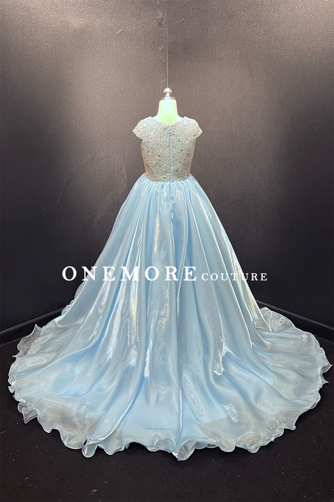 Light Blue Girls’ Pageant Dress with Crystal Bodice & Cap Sleeves