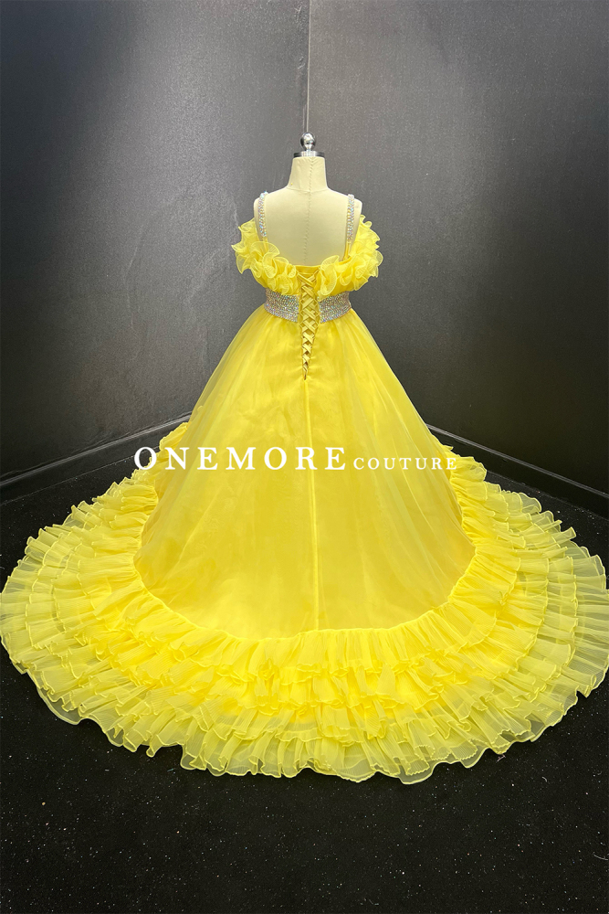 Sunshine Yellow Ruffle Girls’ Pageant Dress with Crystal Belt