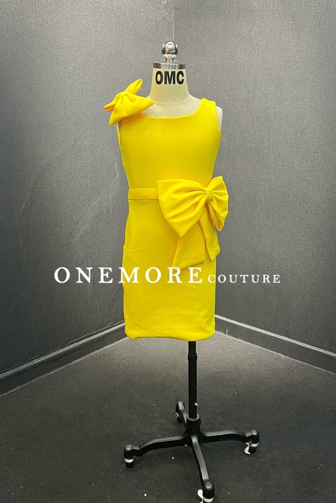 Bright Yellow Cocktail Dress with Shoulder & Waist Bow