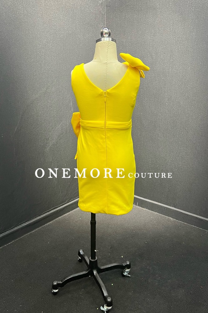 Bright Yellow Cocktail Dress with Shoulder & Waist Bow