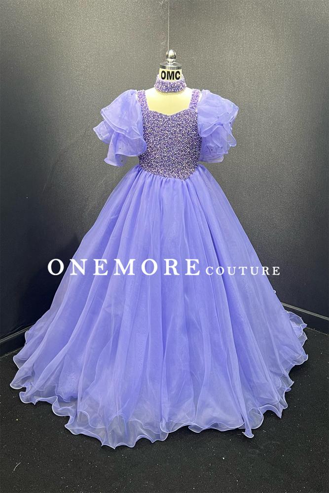 Lavender Organza Pageant Gown with Puff Sleeves