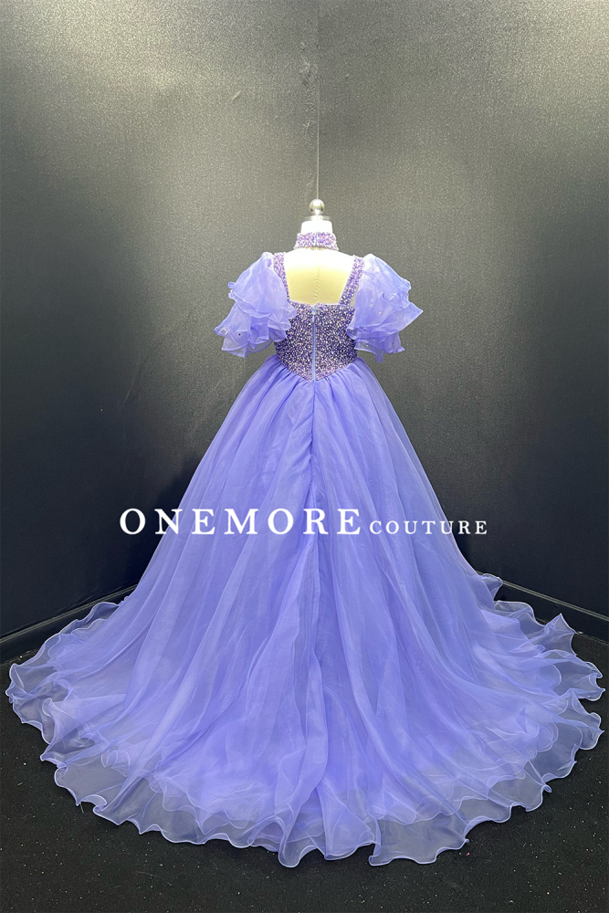 Lavender Organza Pageant Gown with Puff Sleeves
