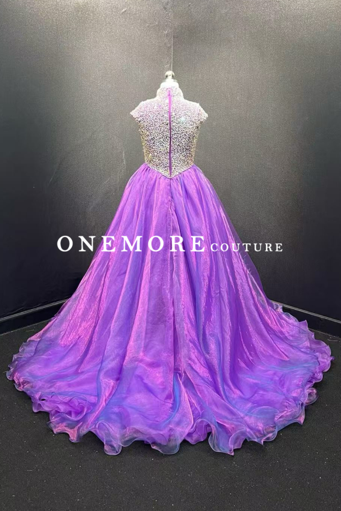 Purple Ombre Organza Pageant Gown with Beaded Bodice & High Neck