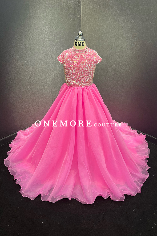 Bubblegum Pink Pageant Gown with Crystal Bodice & Organza Train