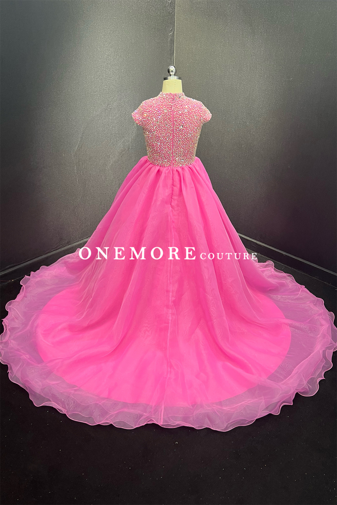 Bubblegum Pink Pageant Gown with Crystal Bodice & Organza Train