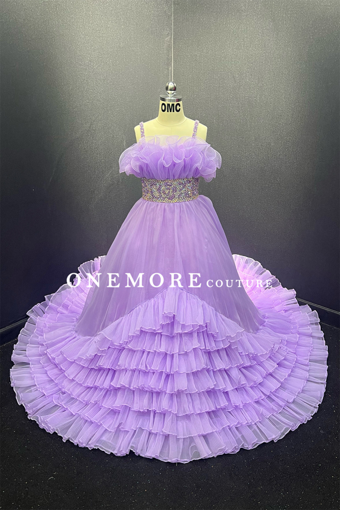 Lavender Ruffle Pageant Gown with Beaded Waist & Tiered Organza Skirt