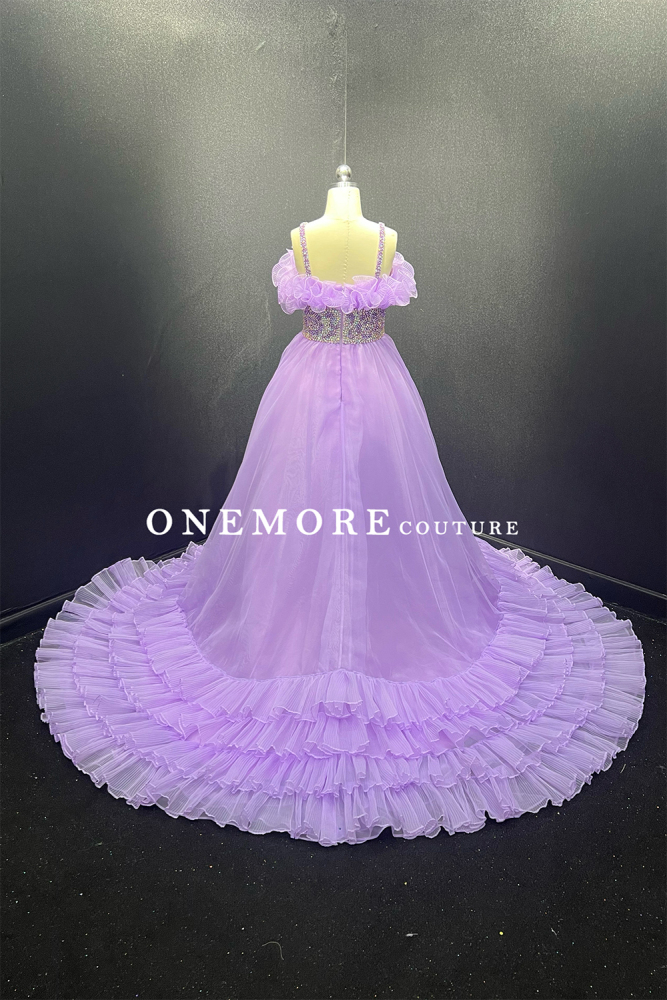 Lavender Ruffle Pageant Gown with Beaded Waist & Tiered Organza Skirt