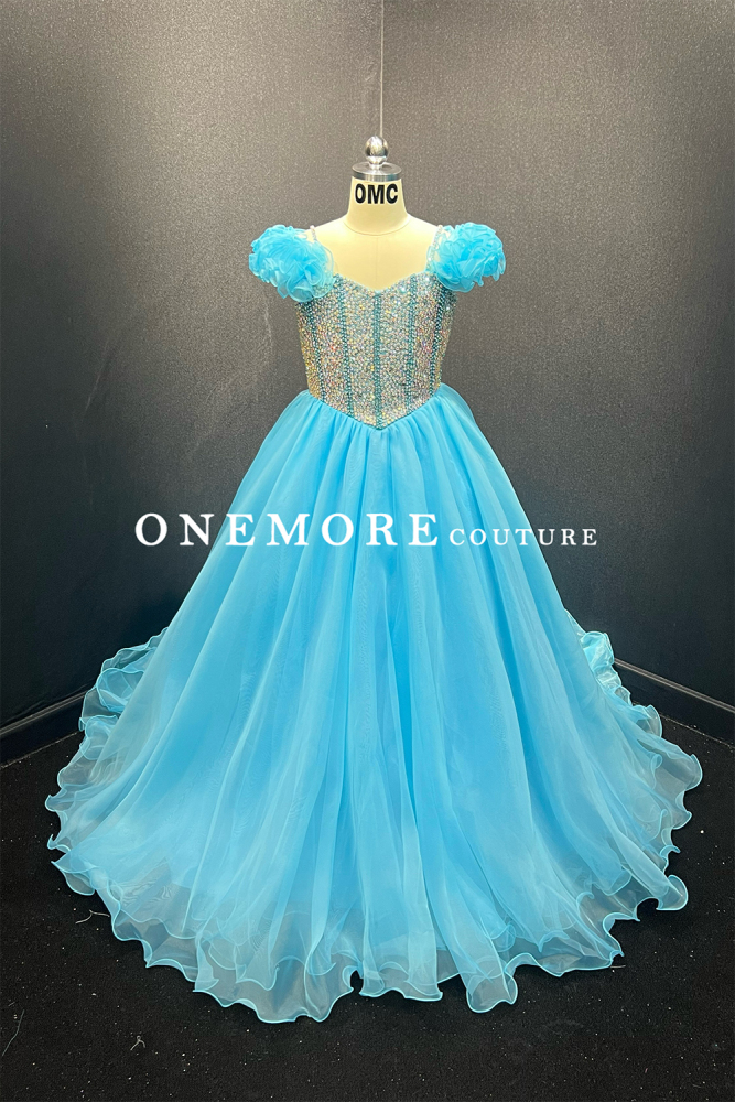 Sky Blue Beaded Organza Pageant Gown with Floral Shoulders
