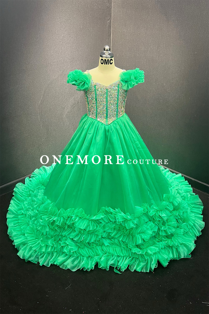 Kelly Green Organza Pageant Gown with Crystal Bodice & Ruffle Hem