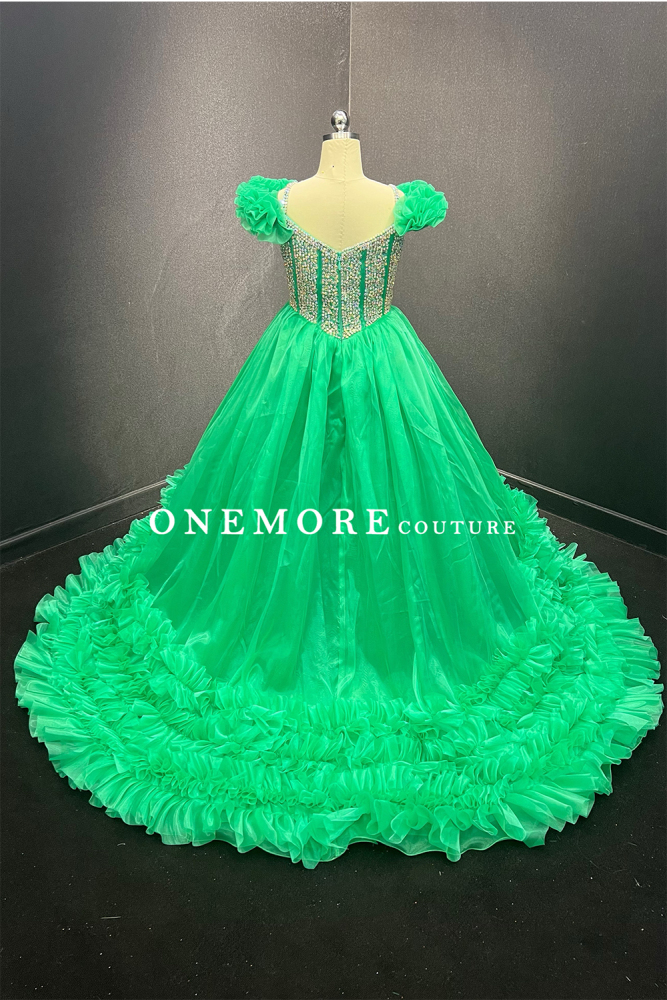 Kelly Green Organza Pageant Gown with Crystal Bodice & Ruffle Hem