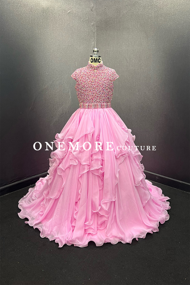 Light Pink Ruffled Kids Chiffon Pageant Gown with Beaded Bodice