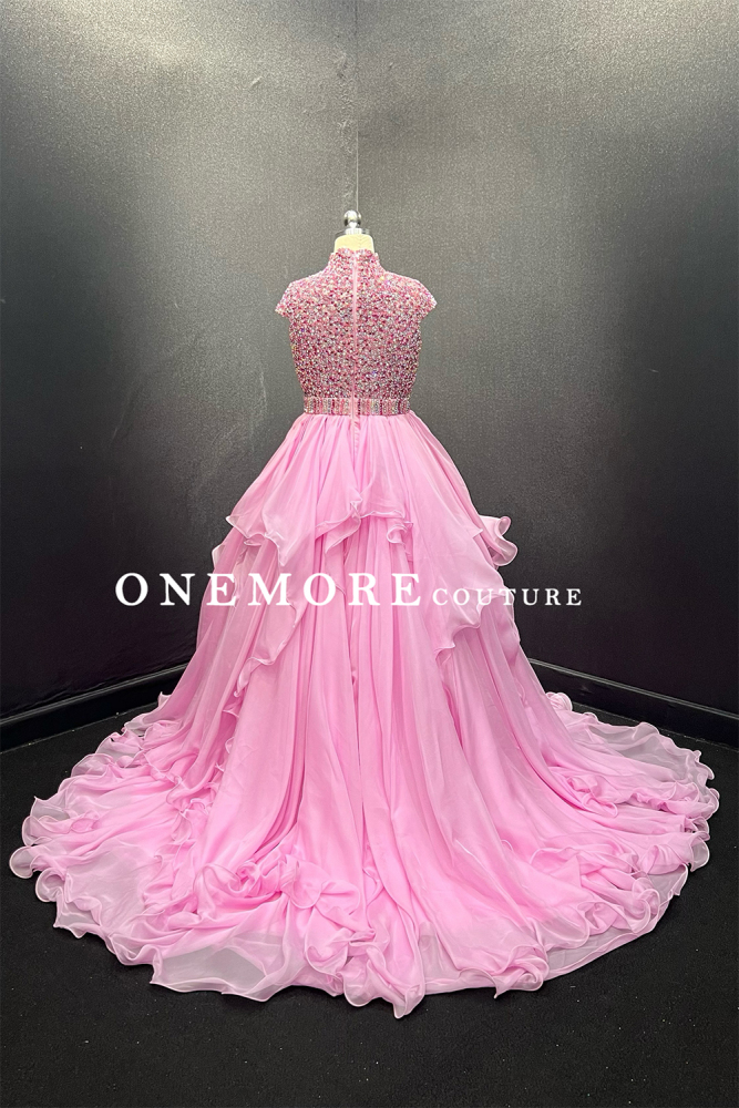 Light Pink Ruffled Kids Chiffon Pageant Gown with Beaded Bodice
