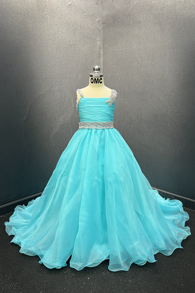 Turquoise Kids Pageant Gown with Rhinestone Bodice and Organza Skirt