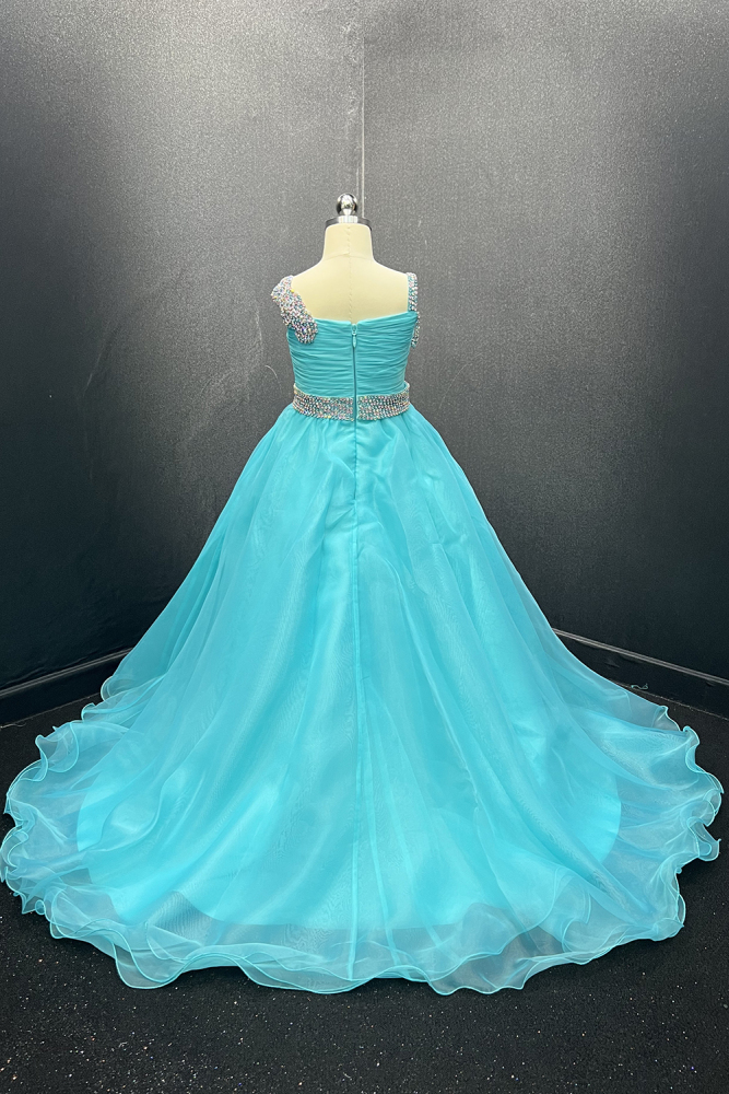 Turquoise Kids Pageant Gown with Rhinestone Bodice and Organza Skirt