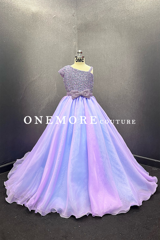 Lilac/Blue Kids Pageant Gown with Beaded Bodice & Two-Tone Organza Skirt