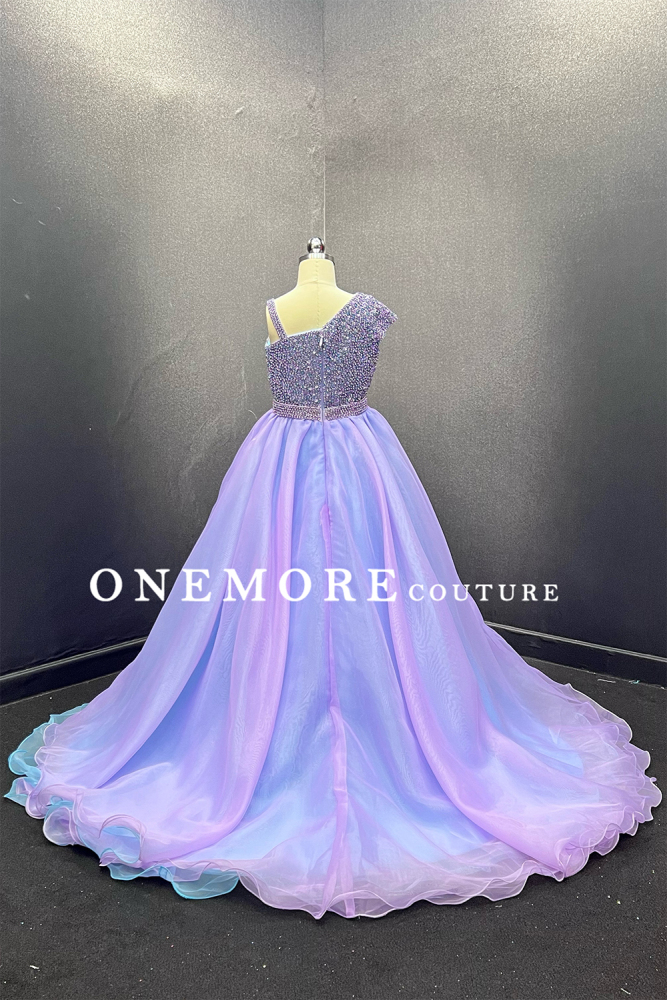 Lilac/Blue Kids Pageant Gown with Beaded Bodice & Two-Tone Organza Skirt