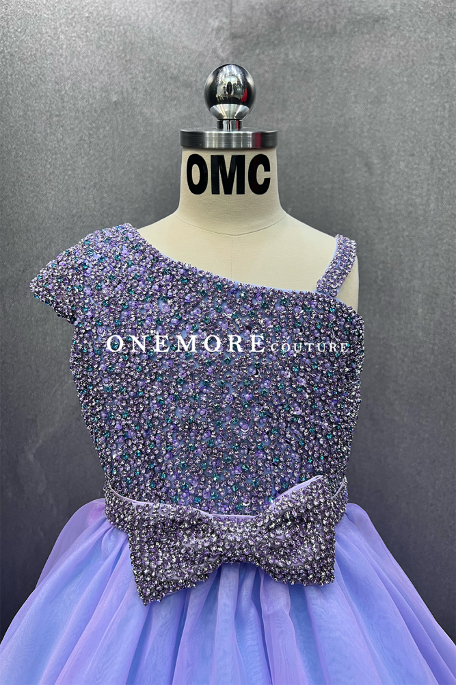 Lilac/Blue Kids Pageant Gown with Beaded Bodice & Two-Tone Organza Skirt