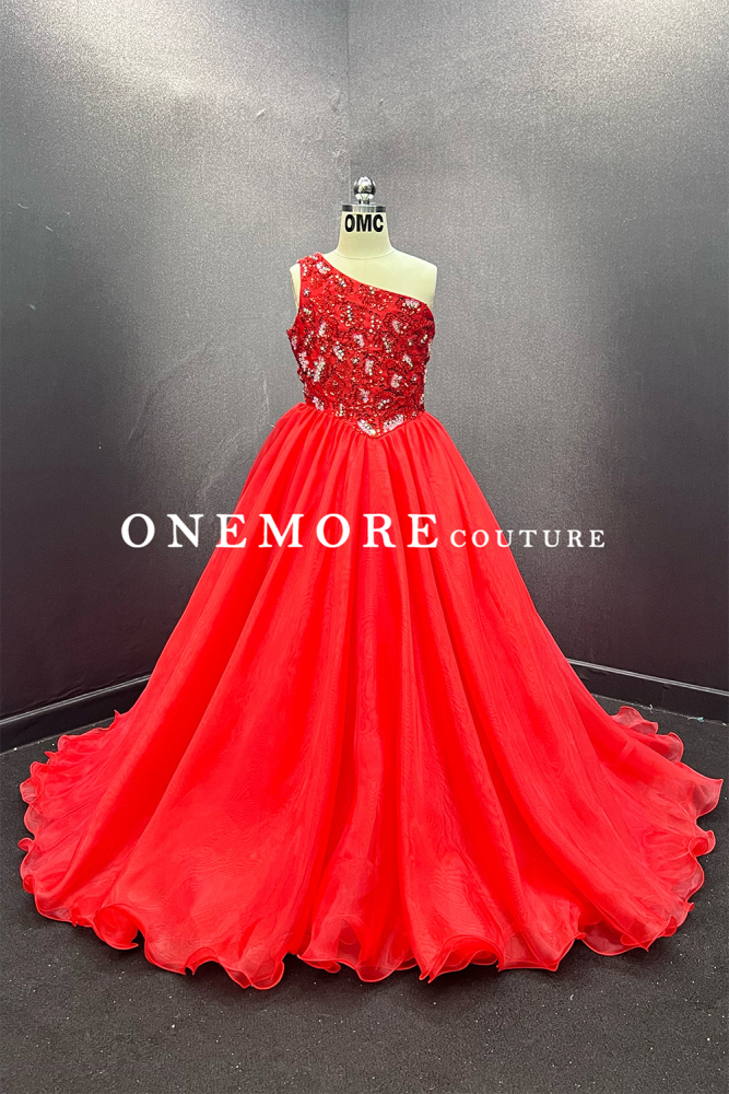 Red One-Shoulder Beaded Kids Pageant Gown with Organza Ball Skirt