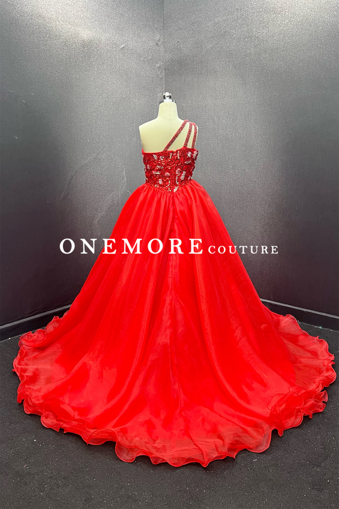 Red One-Shoulder Beaded Kids Pageant Gown with Organza Ball Skirt