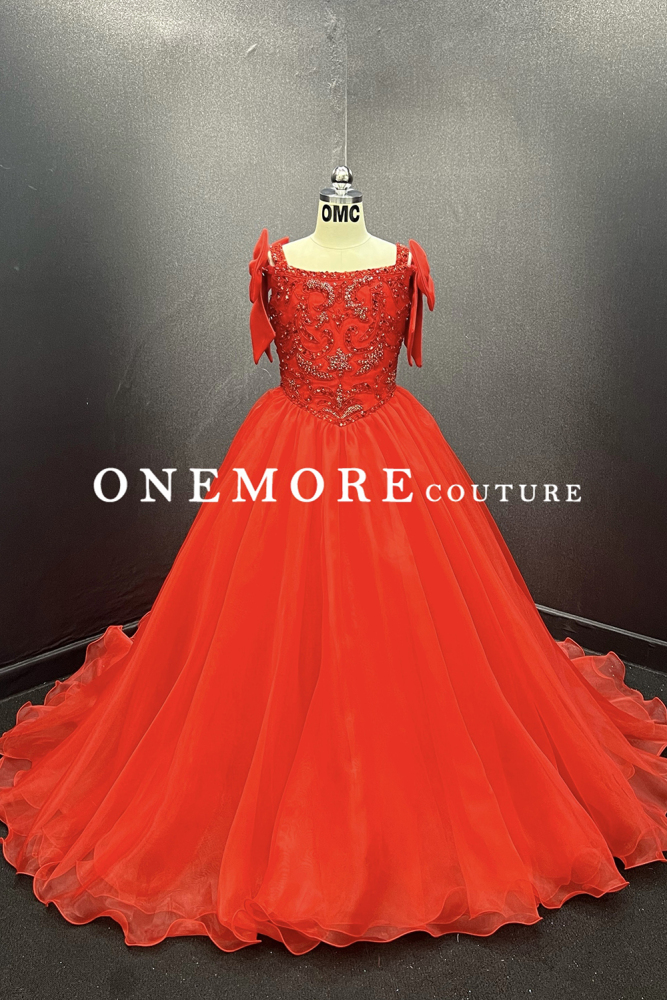 Red Kids Pageant Gown with Beaded Bodice and Sleeve Bows