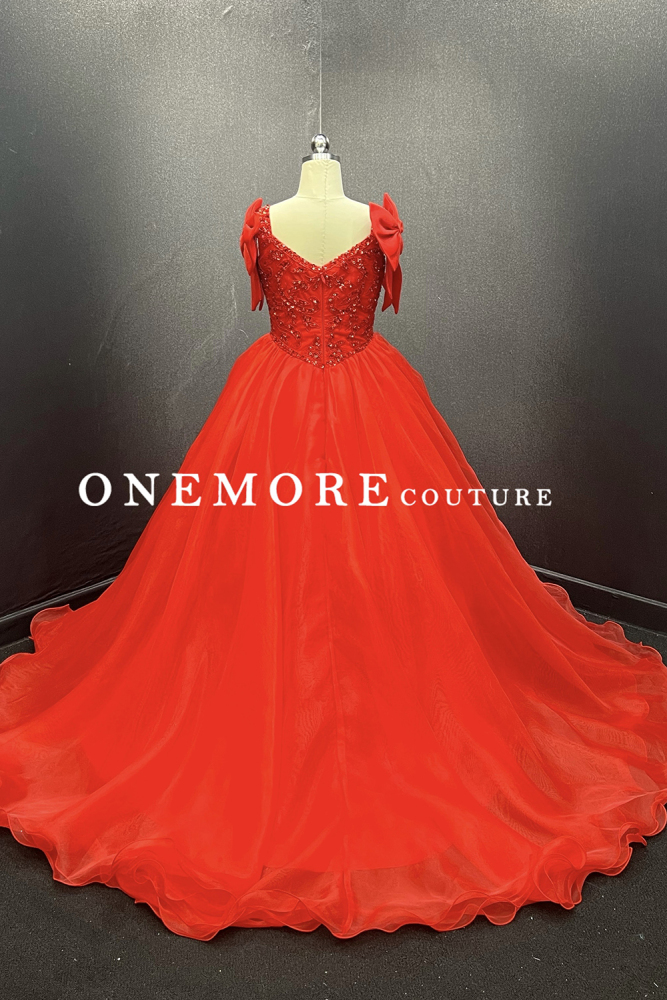 Red Kids Pageant Gown with Beaded Bodice and Sleeve Bows