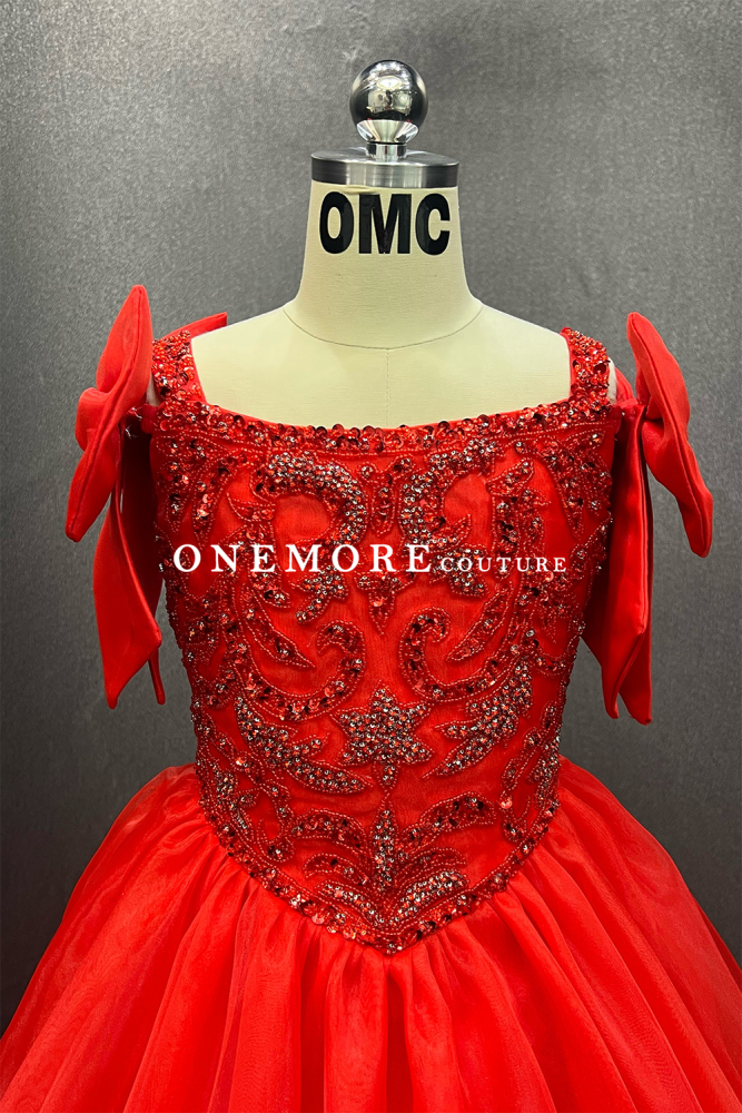Red Kids Pageant Gown with Beaded Bodice and Sleeve Bows