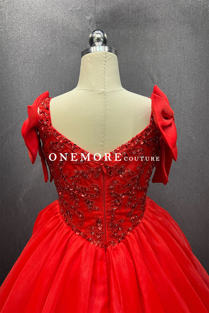 Red Kids Pageant Gown with Beaded Bodice and Sleeve Bows