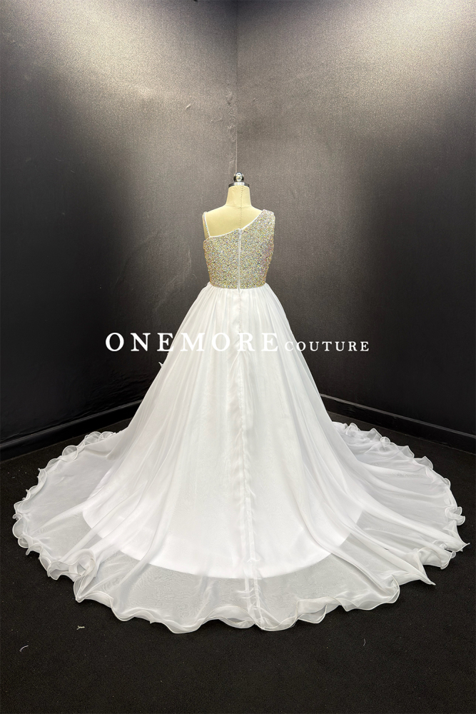 White Crystal Bodice Kids Pageant Gown with Ruffle Skirt