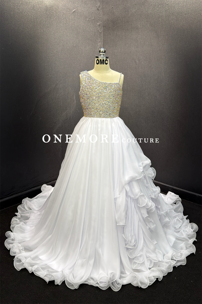 White Crystal Bodice Kids Pageant Gown with Ruffle Skirt