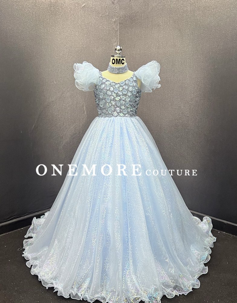 Icy Blue Crystal Kids Pageant Gown with Puff Sleeves