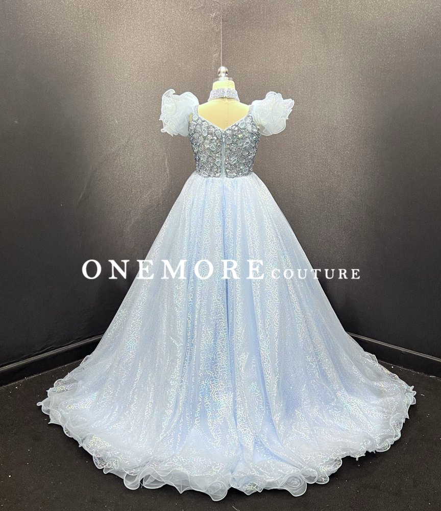 Icy Blue Crystal Kids Pageant Gown with Puff Sleeves