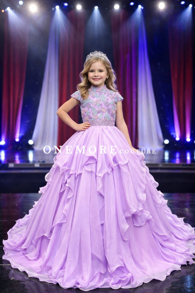 Lilac Ruffled Chiffon Pageant Gown with Beaded Bodice
