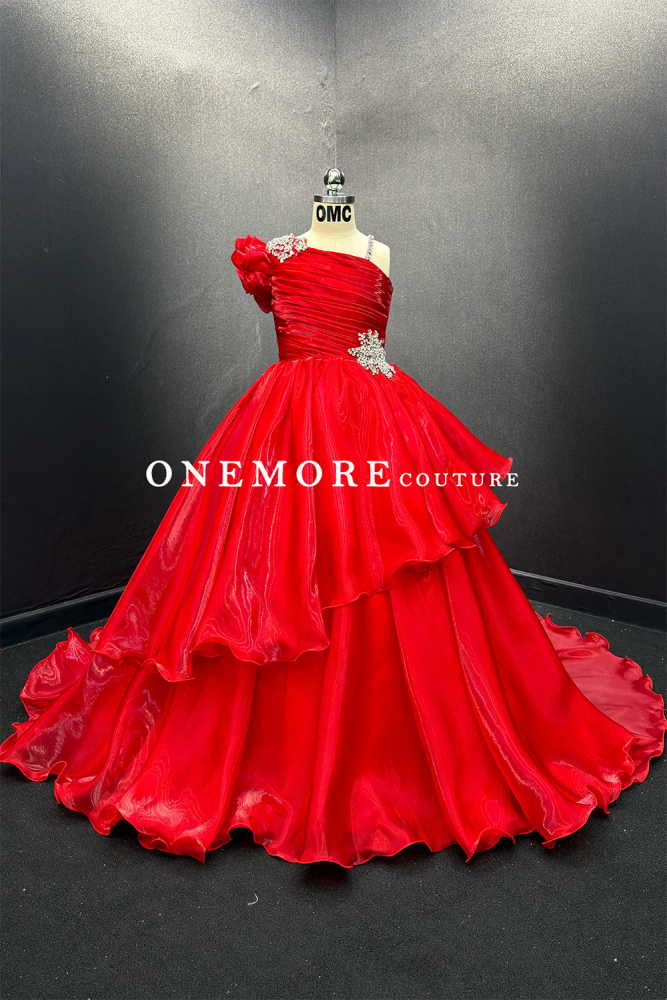 Red Liquid Organza One Shoulder Pageant Gown