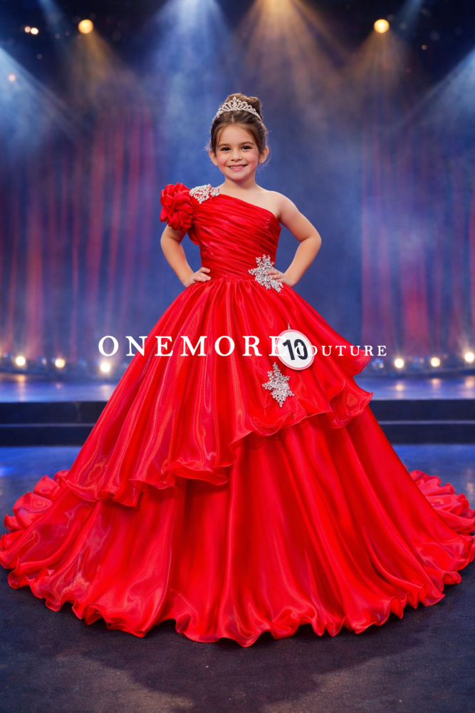 Red Liquid Organza One Shoulder Pageant Gown