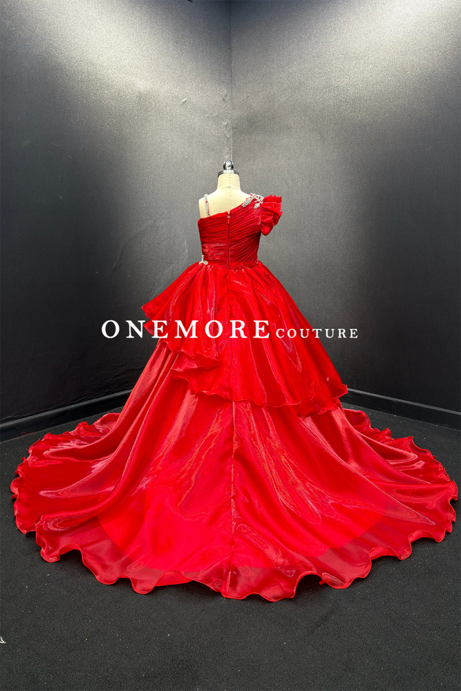 Red Liquid Organza One Shoulder Pageant Gown