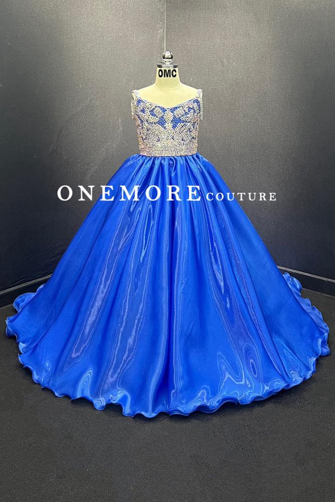 Royal Blue Crystal Bodice Liquid Organza Pageant Gown