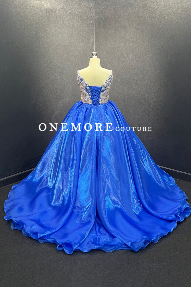 Royal Blue Crystal Bodice Liquid Organza Pageant Gown