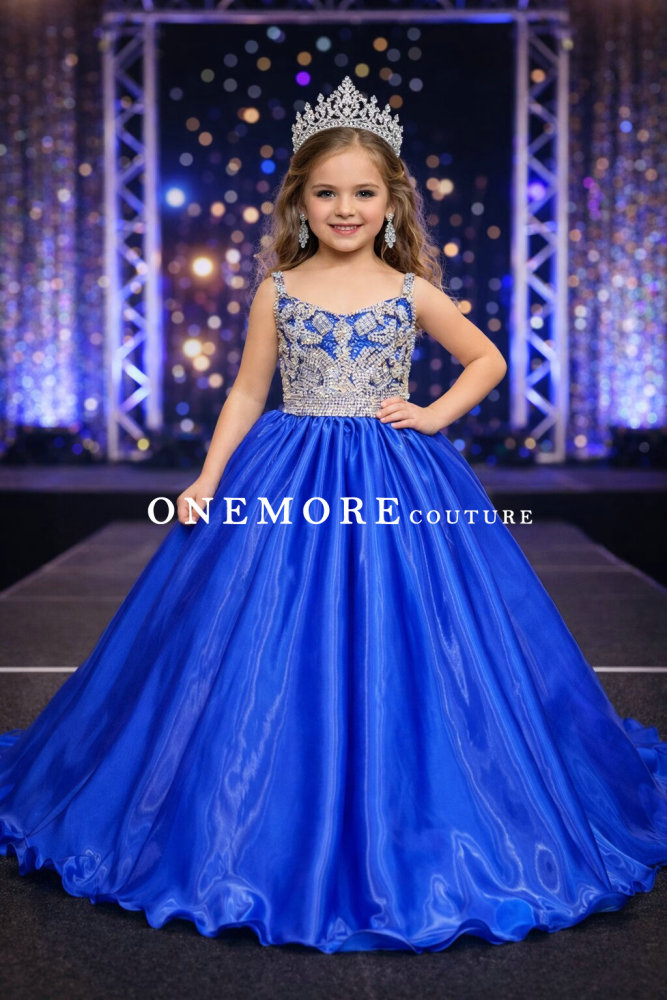 Royal Blue Crystal Bodice Liquid Organza Pageant Gown