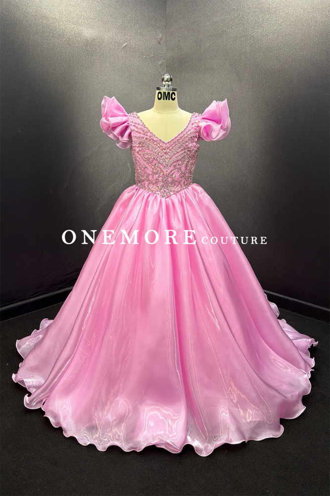 Pink Princess Liquid Organza Pageant Gown with Puff Sleeves
