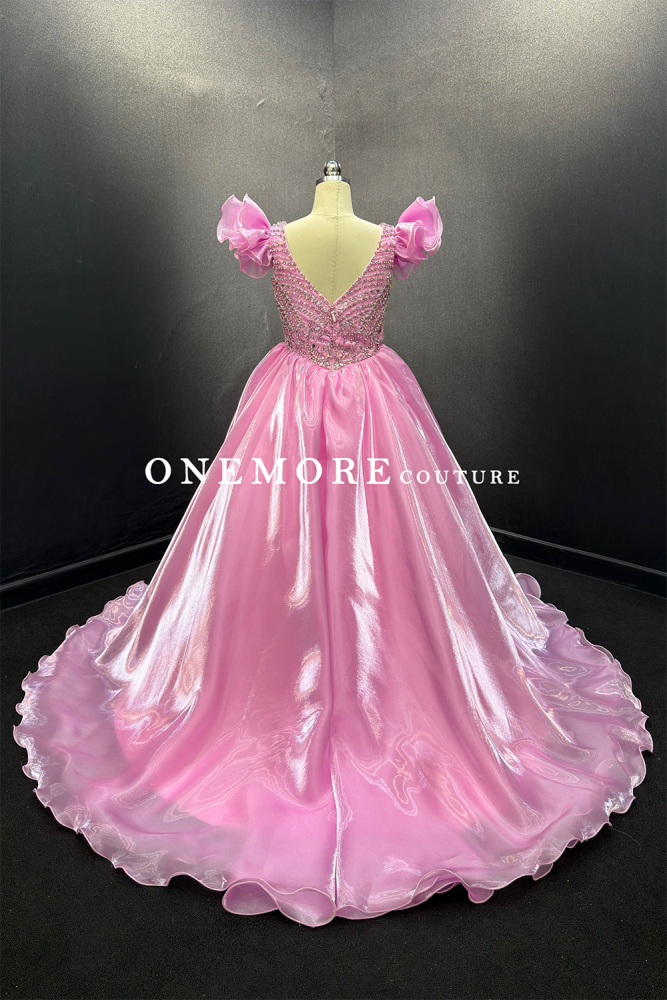 Pink Princess Liquid Organza Pageant Gown with Puff Sleeves