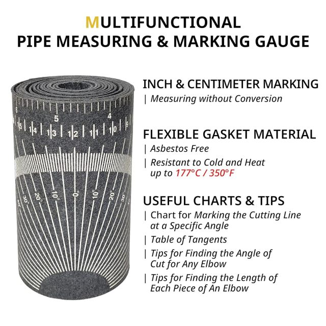 Pipe Measure Tool – Wrap Around Tape, Flex Angle Measuring and Marking Gauge for 6”to 16” Diameter, Pipe Wrap Around Dimensions 5" x 9' (Large) White by Goldland