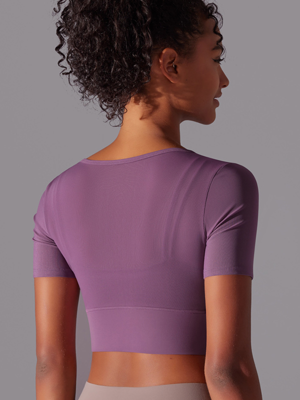 Flexvibe Color-Block Mesh Sports Top - Double-Layer High Elastic Sweat-Wicking Short Sleeve